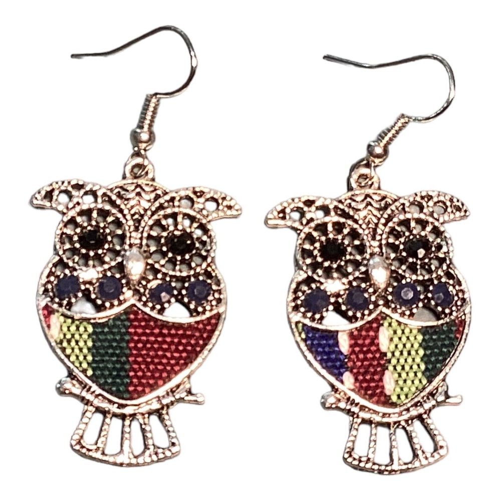 Owl Pierced Dangle Earrings Silver Tone Filigree Hand Made Mexico 1.5"